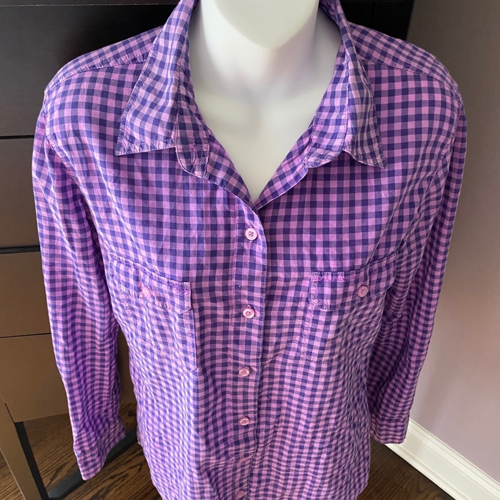 Nollie Boyfriend Fit Lt Purple & Blue Button Front, L EUC